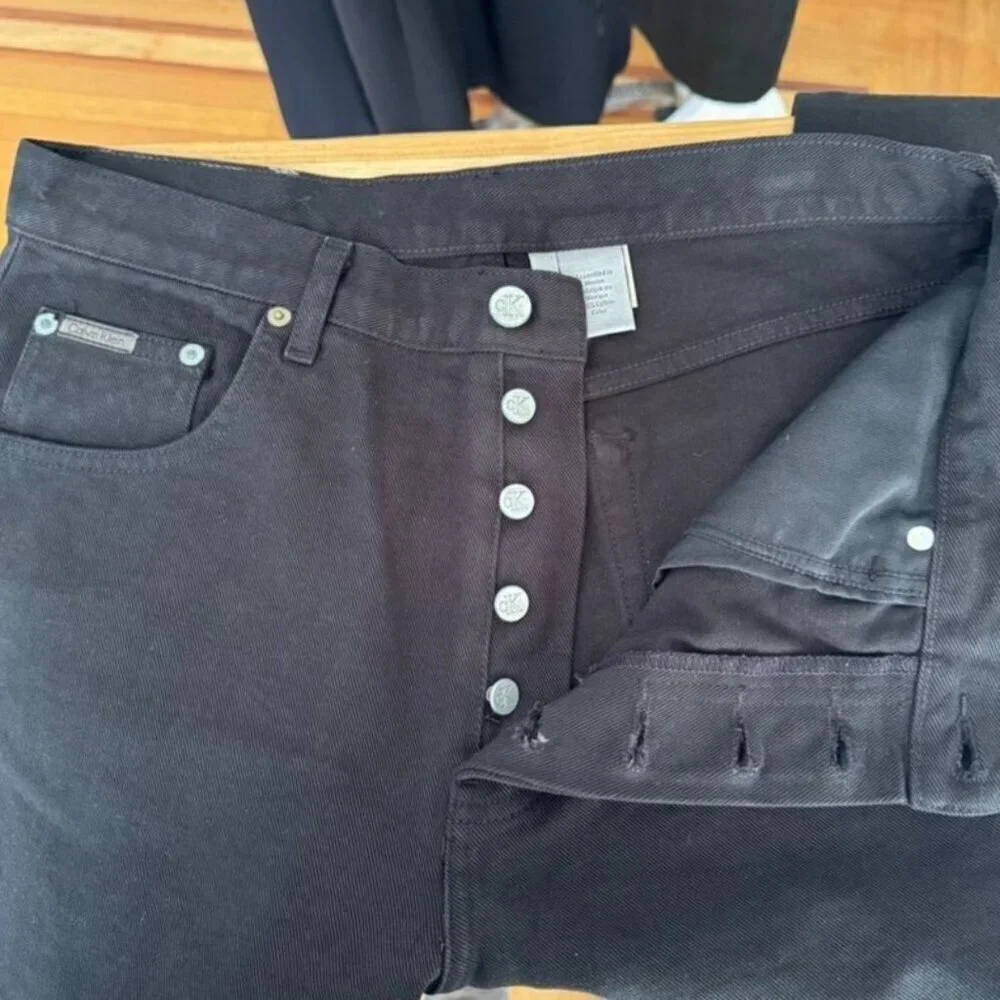 90s Vintage Calvin Klein Blackest Black Silver Tone Button Fly Straight Jeans